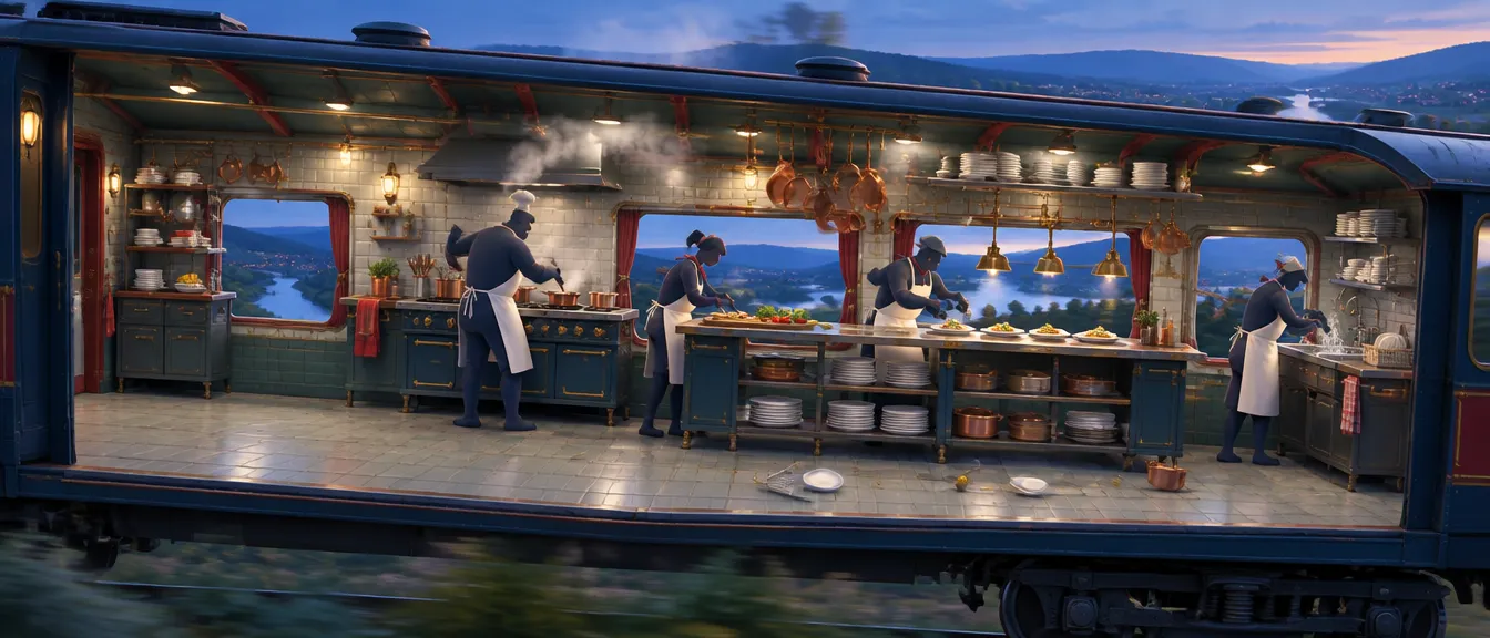 Potongan melintang gerbong dapur Night Express di senja, empat juru masak bersiluet bekerja di kompor, talenan, pass, dan bak cuci selagi panci dan piring meluncur di lantai yang miring.